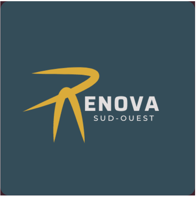 déclinaison du logo RENOVA Sud-Ouest sur fond bleu